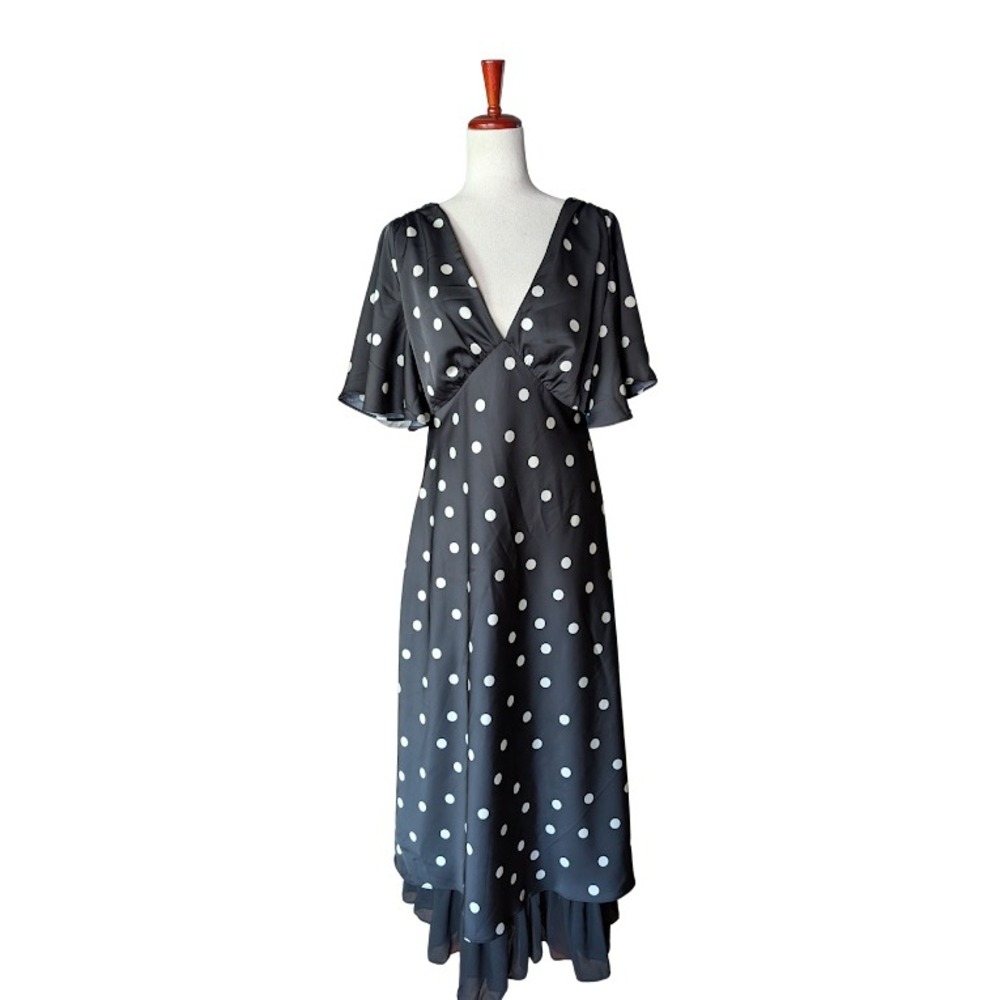 En Saison Floretta Black White Polka Dot Flutter Sleeve‎ Ruffle Hem Maxi Dress M